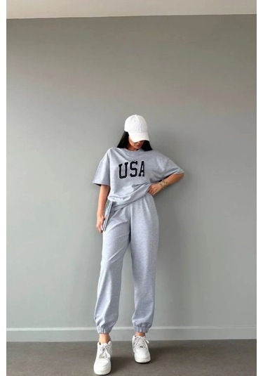 Usa T-shirt Eşofman Altı Jogger- Gri Baskılı Alt Üst Eşofman Takım Oversize Bisiklet Yaka Gri
