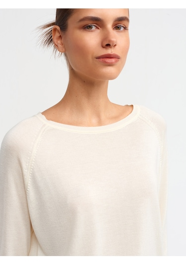 Dilvin Yaka Basic İnce Triko Kazak Krem
