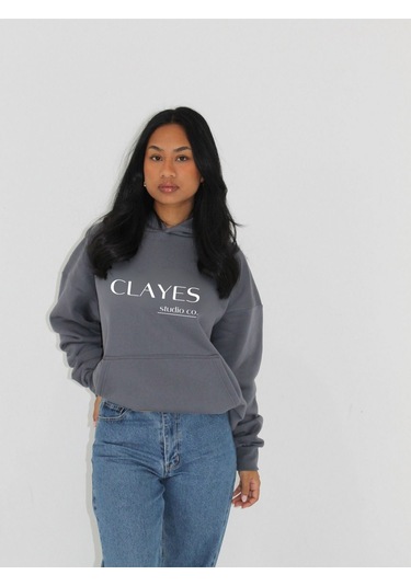 Studio Co. %100 Pamuk Sweatshirt - Antrasit Baskılı Oversize Kışlık İçi Polarlı Kapüşonlu Antrasit