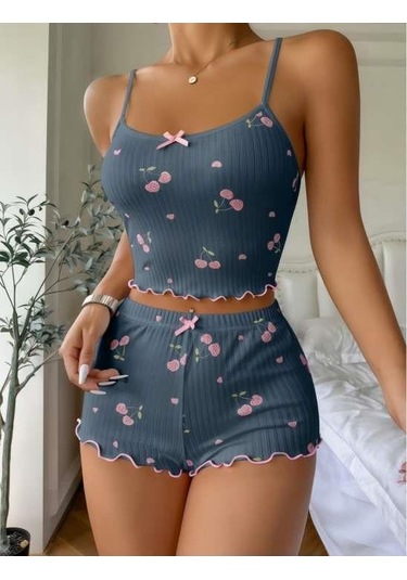 Mavi Kiraz Desenli Askılı Şortlu Pijama Takımı Mavi