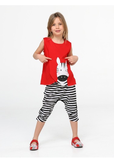 Zebra Çizgili Baggy Kapri Takım-kırmızı Kırmızı