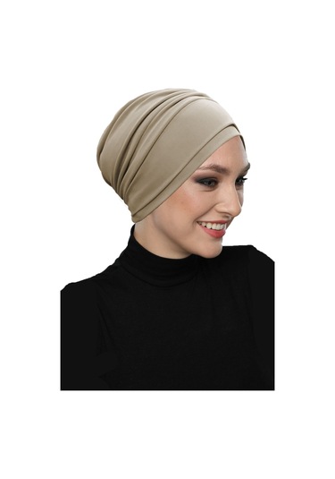 Çift Katlı Astarlı Bej Hazır Türban Tesettür Dış Ve Havuz Bonesi