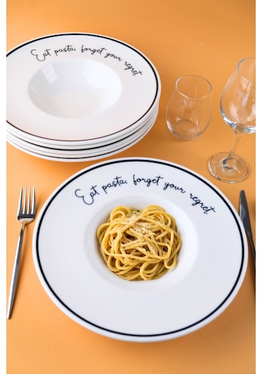 Tabak Evi Motto Makarna Tabağı Seti 6 Lı 29x5,5x4cm Beyaz - Siyah