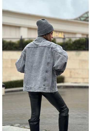 Kadın Gri Apaş Yaka, Çift Cepli, Kaliteli Jeans Kumaş, Salaş Kot Ceket Antrasit