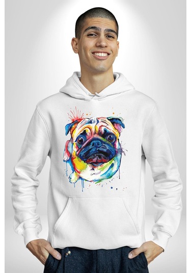 Sulu Boya Pug Köpek Kadın Erkek Beyaz Kapüşonlu Sweatshirt Hoodie Beyaz