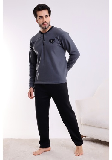 Falkon 7202 Polar Kışlık Erkek Ev Pijama Takımı Uyku Takımı Gri