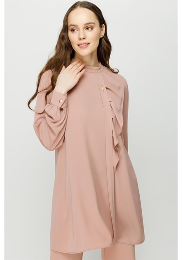 Volan Detaylı Pantolon Tunik Takım Pudra-pudra Pudra