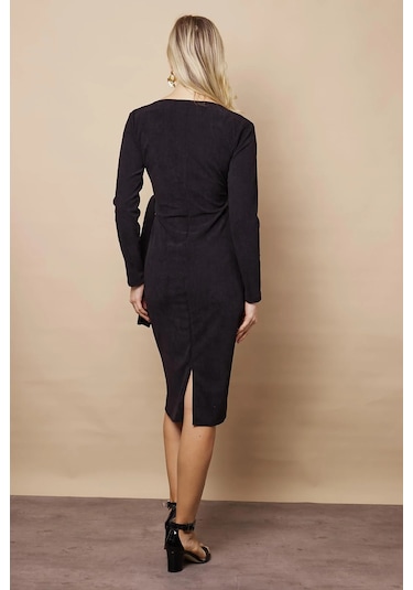 Kadın Kadife Kumaş Kruvaze Anvelop Bağcıklı Uzun Kol Diz Altı Elbise-siyah Siyah