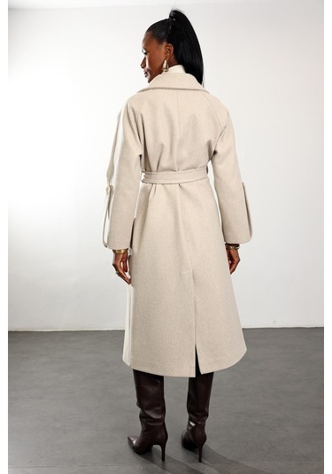 Bej Kuşaklı Kaşe Palto 1146 Bej