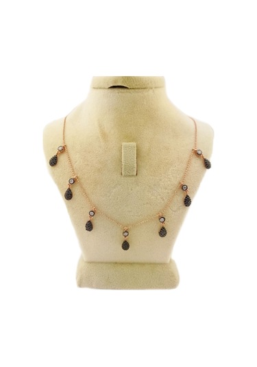 Pigado 925 Ayar Gümüş Damla Kolye Siyah Taşlı Rose Gümüş