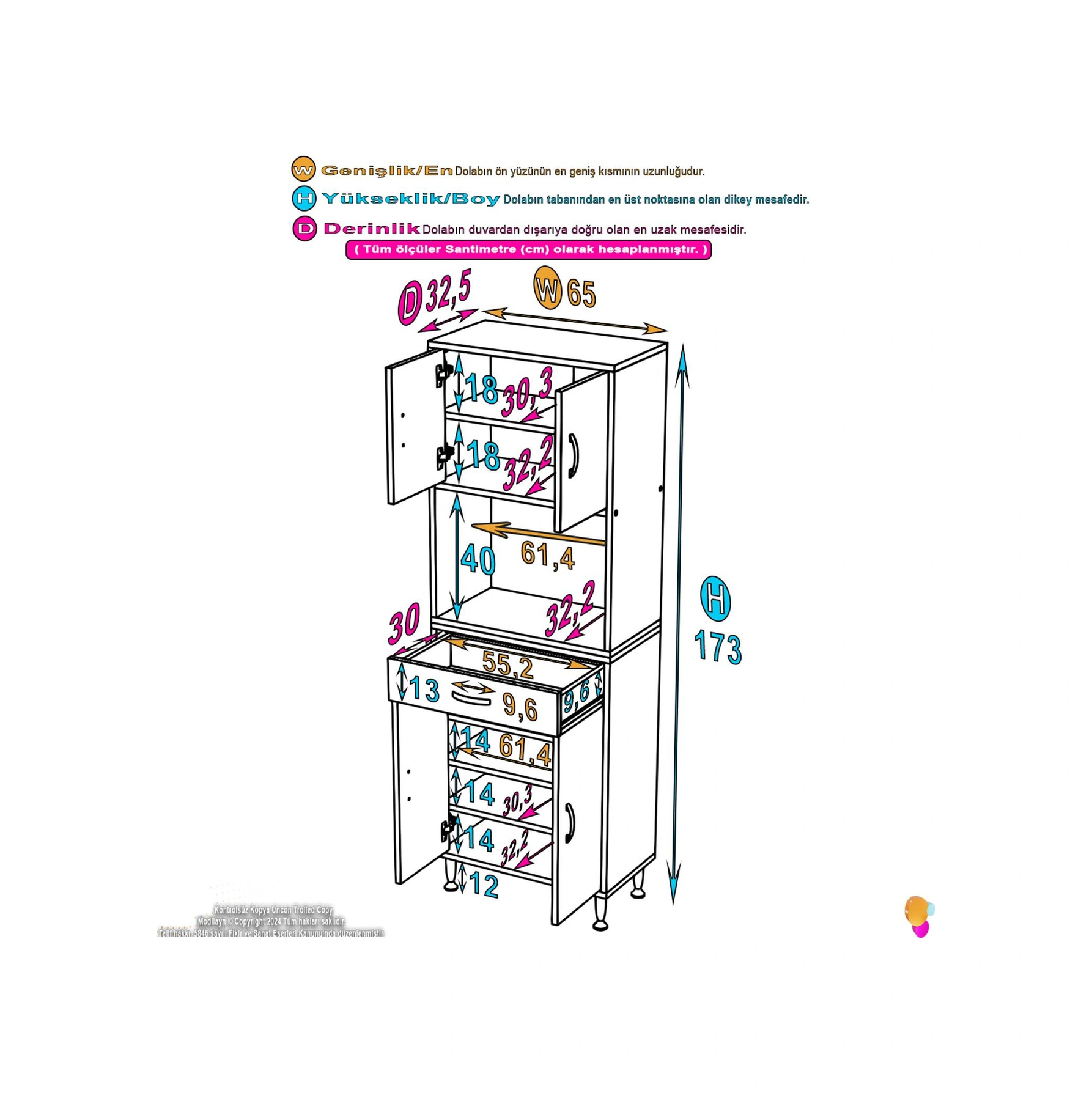 Azra Mutfak Ve Banyo Dolabı Tek Çekmece 4 Kapak Ve 7 Raflı Çok Amaçlı Dolap 65x173x32,5 Cm Beyaz
