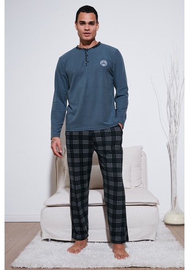 Buratti Ekoseli Yumuşak Dokulu Regular Fit Uzun Kollu Erkek Pijama Takımı 609611030 Antrasit