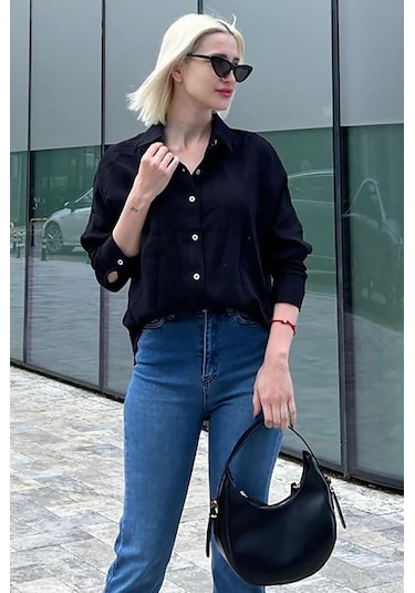 Madmext Siyah Muslin Kumaş Basic Kadın Gömlek Mg1660 Siyah