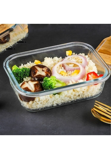 Qerhome Bambu Kapaklı 2'li Diktörtgen Vakumlu Kase Cam Saklama Kabı 1000 Ml Şeffaf