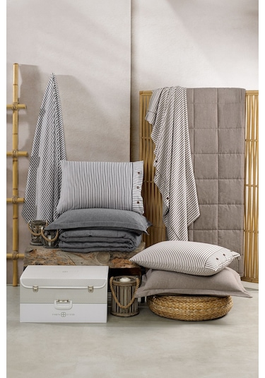 Life %100 Pamuk Nevresim Takımı Ve Yatak Örtüsü 7 Parça Antrasit Bej