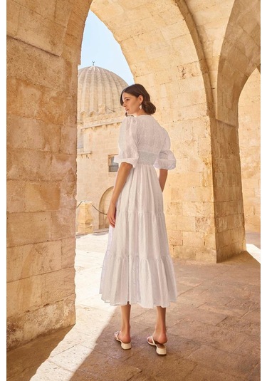 Monamise 23077 Kadın Truvakal Kol V Yaka Elbise-beyaz Beyaz