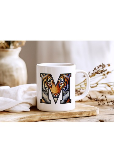 M Harfi Kaplan Figürlü Nakış Desenli Kupa Bardak - Kişiye Özel Vahşi Hayvan Desenli Kupa - Hediye Beyaz