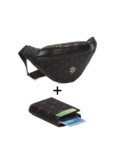Newish Polo Kadın Desenli Mekanizmalı Cüzdan Ve Çapraz Omuz Askılı Bel Ve Omuz Çantası New345- Siyah - Siyah