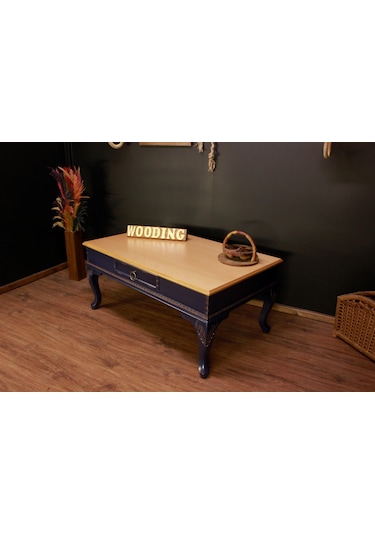 Wooding 120 Cm Masif Naturel Lacivert Oymalı Orta Sehpa