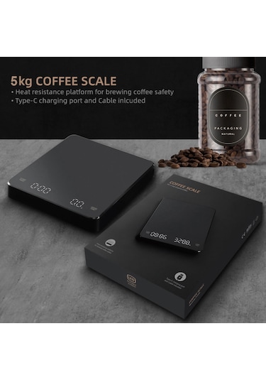 Zamanlayıcı Led Ekranlı Dijital Kahve Tartısı Dahili Pil 5kg Max. Tartım 0.1g Yüksek Hassasiyet Oz/ml/g Cinsinden Ölçer, Pour Over Ve Damla Kahve İçin Mutfak Tartısı Siyah