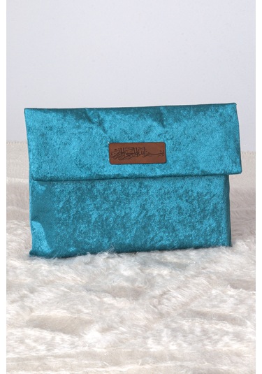 Orta Boy Kuranı Kerim Kadife Taşıma Çantası Petrol Turkuaz