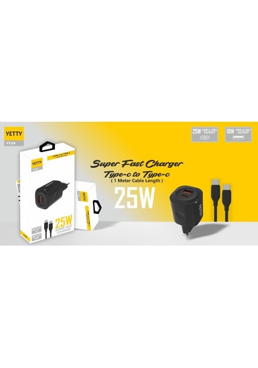 Yetty YT-25 25 W 3.0 Type-C To Type-C Hızlı Şarj Cihazı Siyah 1 M