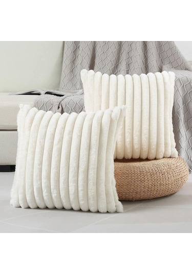 Novahub Beyaz Taklit Tavşan Saç Çizgili Yastık Yumuşak Düz Renk Kanepe Yastık Başucu Yastık Çıkarılabilir Yıkanabilir Yastık Beyaz