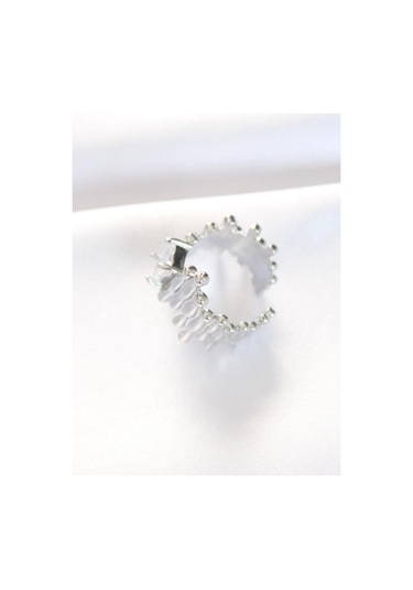 Silver Renk Tırtıklı Kalın Baget Taş Tasarım Ayarlanabilir Yüzük Gümüş