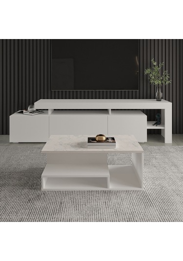 Vera Mini Orta Sehpa Modern Tasarım, Fonksiyonel Raflı Yap Beyaz/beyaz Mermer