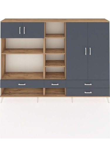 Arges Dolap 12 Raflı 4 Çekmeceli 4 Kapaklı 220x30x163 Çam-antrasi Çam-antrasit