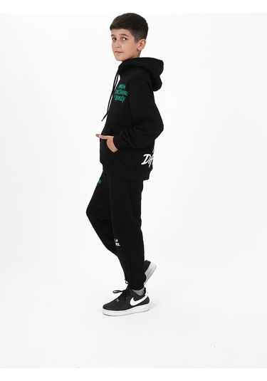 Erkek Çocuk Üç İplik Şardonsuz Kumaş Baskılı Kapüşonlu Eşofman Takımı Siyah