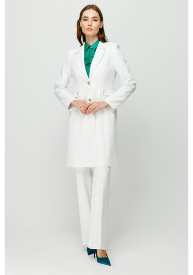 Aksesuar Detaylı Uzun Ceket Pantolon Takım Ekru-ekru Ekru