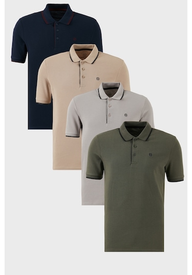 Buratti Pamuklu Slim Fit Şerit Detaylı Düğmeli Polo Yaka 4'Lü Paket Erkek T Shirt 5902118S4 Haki-Lacivertbordo-Taş-Vizon