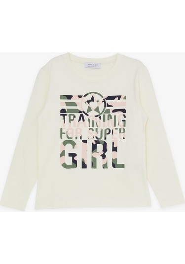 Macawı Kız Çocuk Pijama Takımı Kamuflaj Desenli 3-8 Yaş, Krem-krem Krem