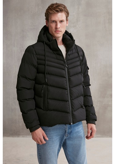 Allan Erkek Su Geçirmez Fermuarlı Kapüşonlu Kol Arma Ve Cep detaylı şişme Siyah Mont