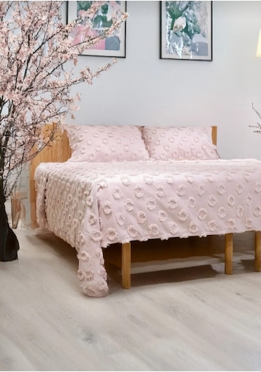 Ponpon Desenli 3 Parça Çift Kişilik Yatak Örtüsü Pudra