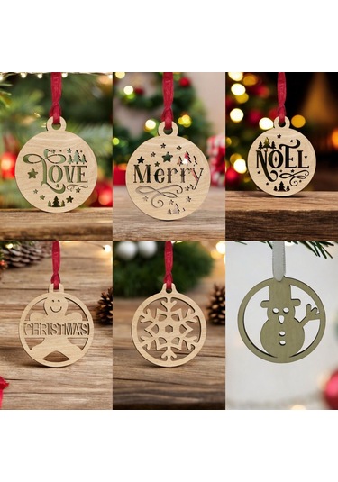 10 Parça Ahşap Yılbaşı Ağacı Süs Seti-4 Ortalama 6-8 Cm Noel Ağacı Süsü