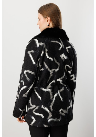 Ekol Kadın Büyük Beden Kapak Cepli Desenli Kaban 6301 Siyah Siyah