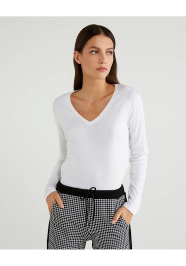 Benetton Kadın Uzun Kol Tshırt Beyaz Beyaz