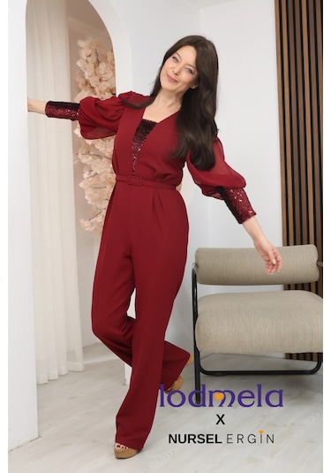 Lodmela Nursel Ergin Payet Detaylı Abiye Tulum 6056-bordo