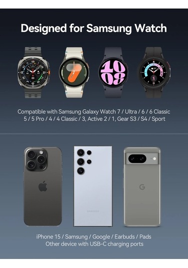 Novahub Samsung Uyumlu Galaxy Watch 7/ultra/6/5/4/3 İçin Kablosuz & Usb C Şarj Cihazı, 40-47mm, Evrensel Kullanım As Picture