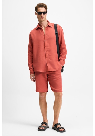 Raımo Erkek %100 Pamuklu Müslin Kumaş Manşetli Uzun Kol Comfort Fit Kiremit Rengi Gömlek