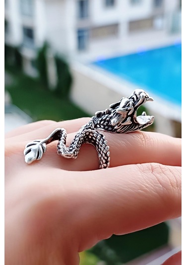 Sigara Tutabilen Ejderha Şekilli Erkek Yüzük Gümüş Kaplama Ayarla Çok Renkli
