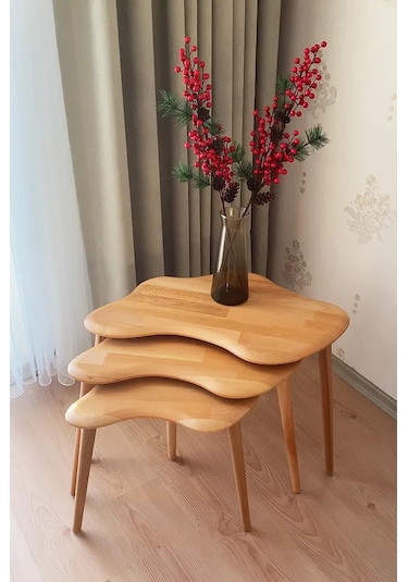 Fawdecor Asimetrik Naturel Masif Doğal Ahşap Zigon Sehpa 3'lü Set