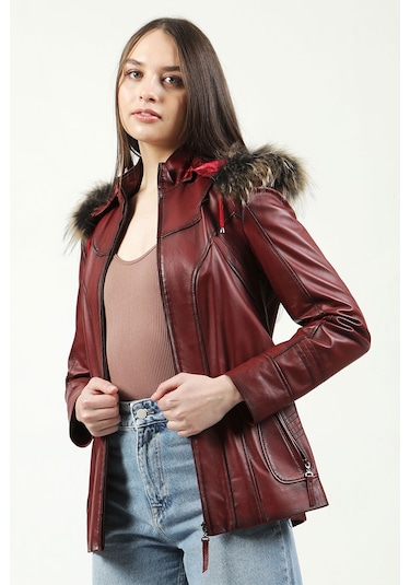 Dericlub Mistral Kadın Kapüşonlu Hakiki Deri Kaban Ök.bordo Ök.bordo Bordo