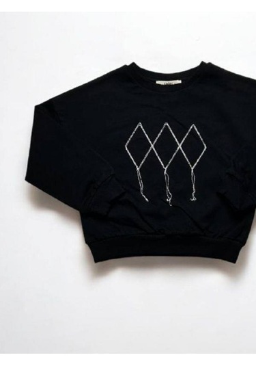 Kız Çocuk Mevsimlik Pamuklu İki İplik Zincirli Sweatshirt-15447 Siyah