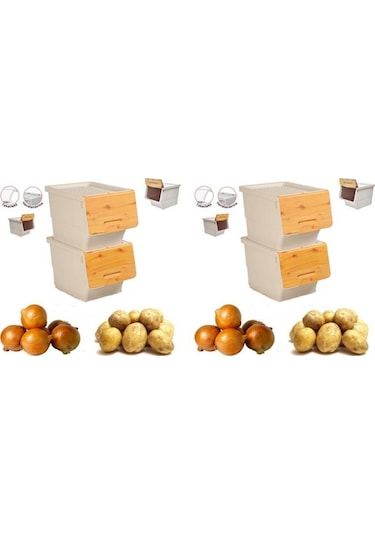 Motek Patateslik Soğanlık Sepeti Oyuncak Kutusu Tekerlekli Organızer Çok Amaçlı Kutu 4x12lt-bambu+krem