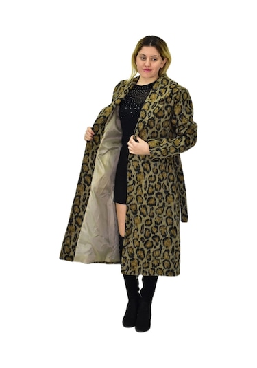 Kadın Leopar Desenli Uzun Kaşe Kaban Bgl-st04064 Haki