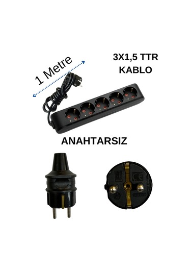Avarson 5'li Beşli Priz Topraklı Kablolu Siyah 3x1,5 Ttr 1 Bir Metre