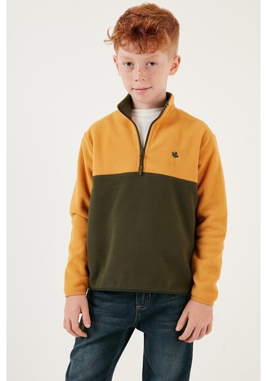 Lela Yumuşak Dokulu Yarım Fermuarlı Renk Bloklu Dik Yaka Unisex Çocuk Polar 5905004 Hardal-Haki